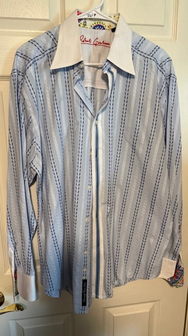 Robert Graham Blue Stripe Flip cuff embroidered button up shirt- Men's XL